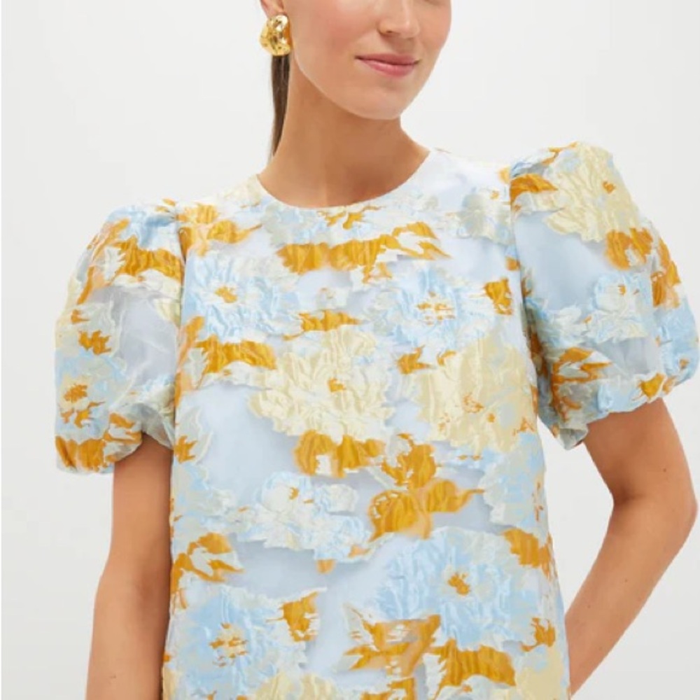 Tuckernuck Pomander Place Floral Puff Sleeve Top in Blue and Yellow XXS